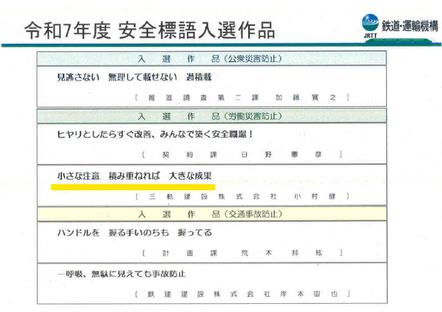 独立行政法人 鉄道建設･運輸施設整備支援機構 北陸新幹線建設局 様より表彰状をいただきました。〈令和7年度事故防止安全標語に入選しました〉 